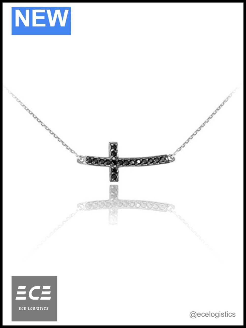 .925 Sterling Silver Sideways Cross Pendant Necklace Black CZ Pave Rolo Chain
